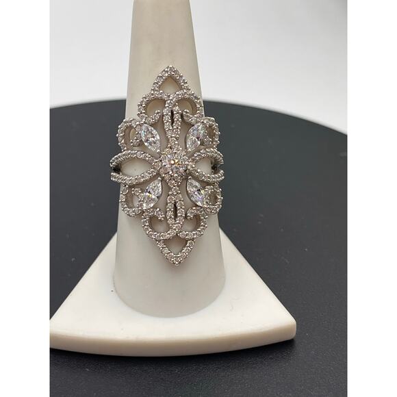 Designer Signed Sterling Silver 925 Filigree Marquise and Pave CZ Ring Sz 8.5 - Picture 11 of 11